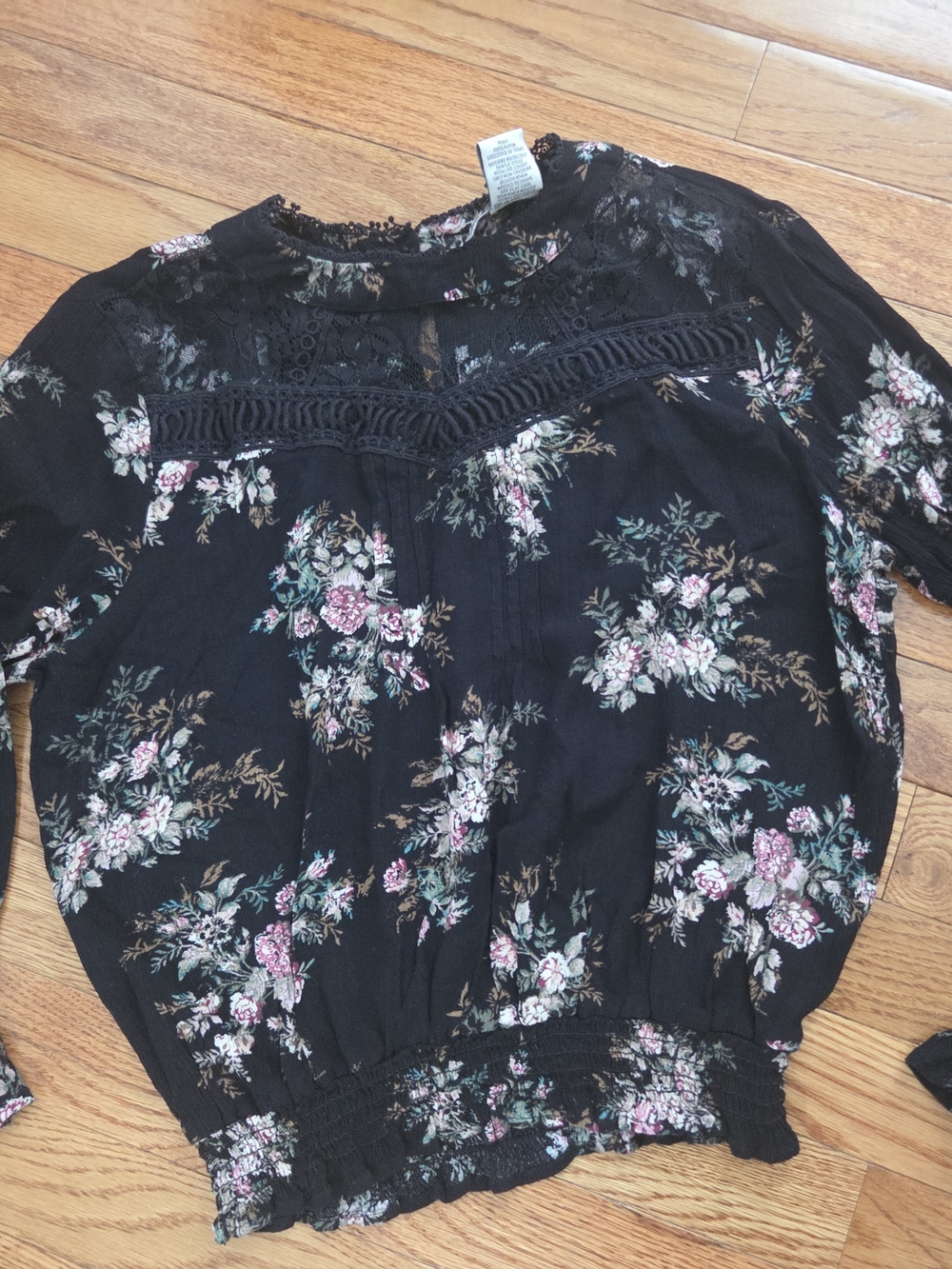 American Ragg Women's Black Floral Lace Yoke Blouse